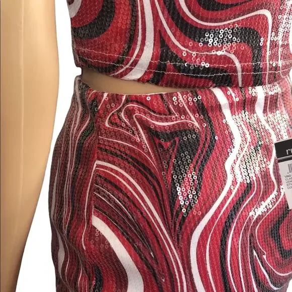 NWT Rue21 Crop Top Mini Skirt Set 2 Piece Set S Red Retro Sequin Halter Mini Y2K - Picture 5 of 10